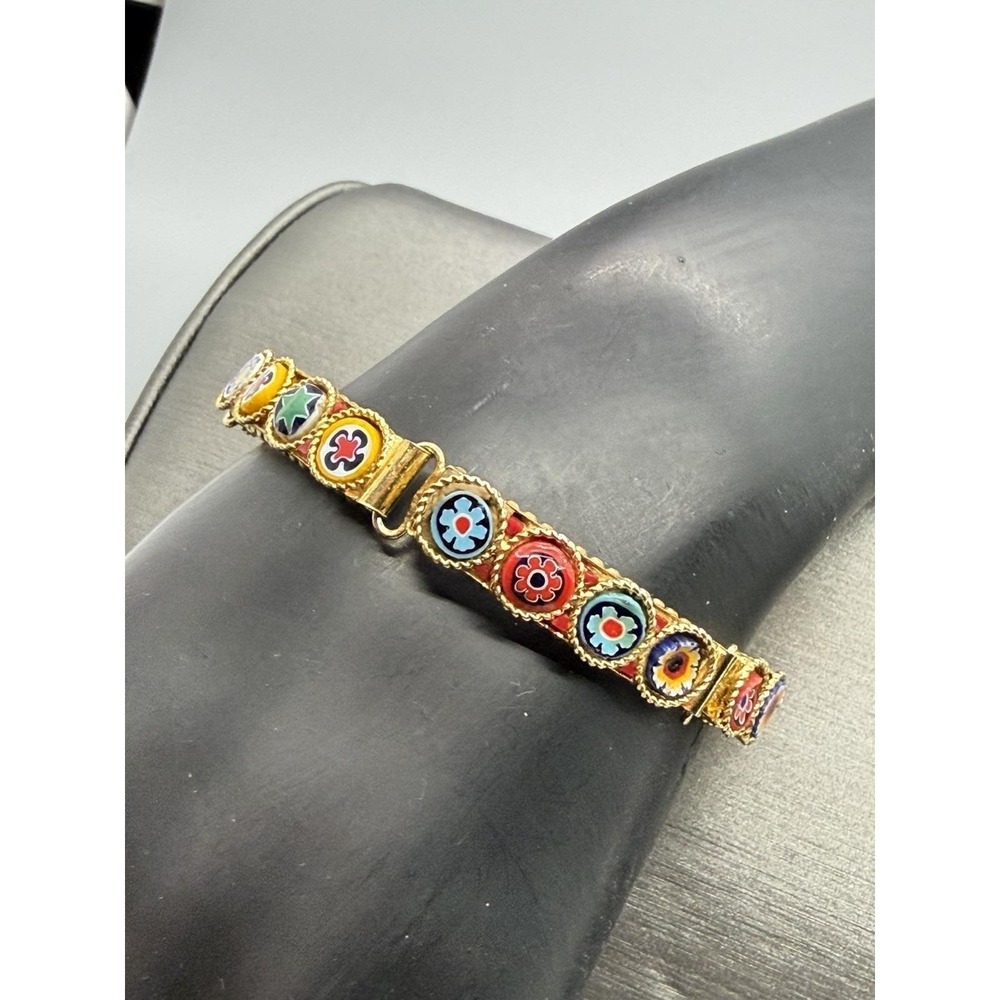 Vintage Micro Mosaic Millefiori Panel Gold Tone Bracelet Multi Color Sz 6 - Picture 4 of 13